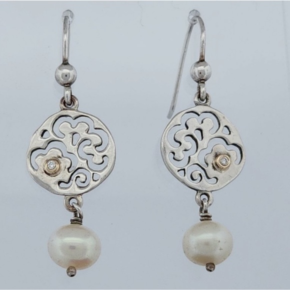 RARE Pandora Two Tone Life's Path Sterling & 14k Gold Pearl & Diamond Earrings - Picture 2 of 4